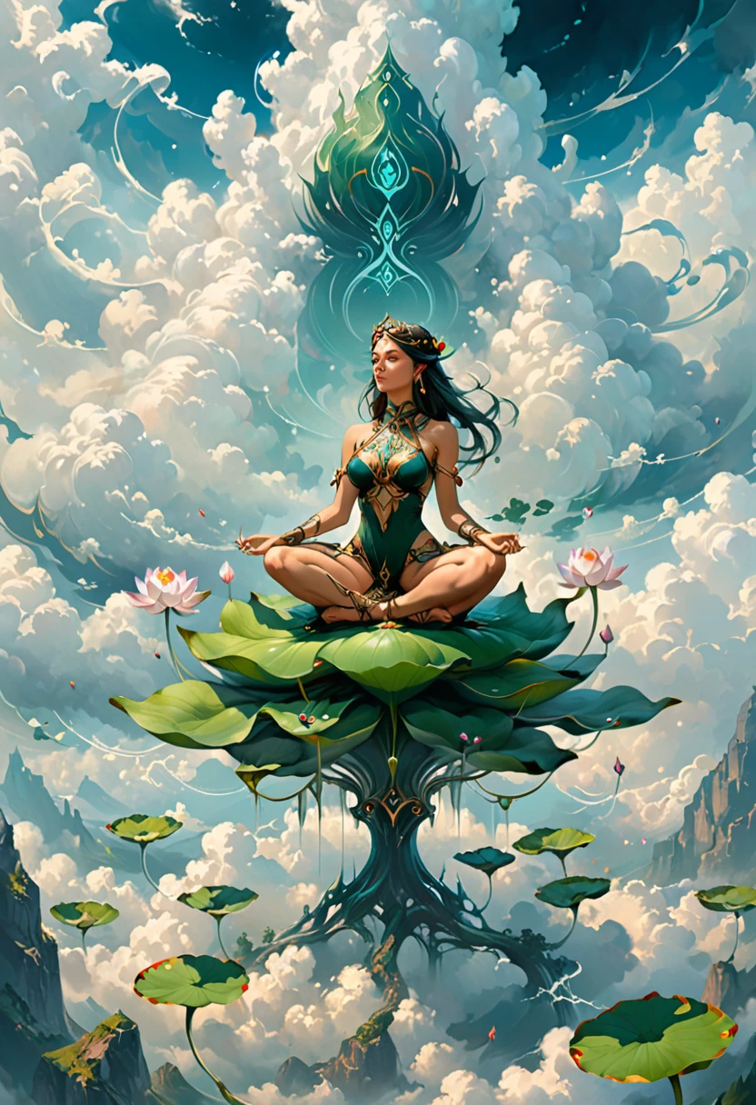painting of a woman sitting in a lotus position in the clouds, inspired by Peter Mohrbacher, peter mohrbacher style, peter mohrbacher digital art, in the art style of mohrbacher, in style of peter mohrbacher, peter mohrbacher. unreal engine, surreal concept art, peter mohrbacher artstyle, style of peter mohrbacher