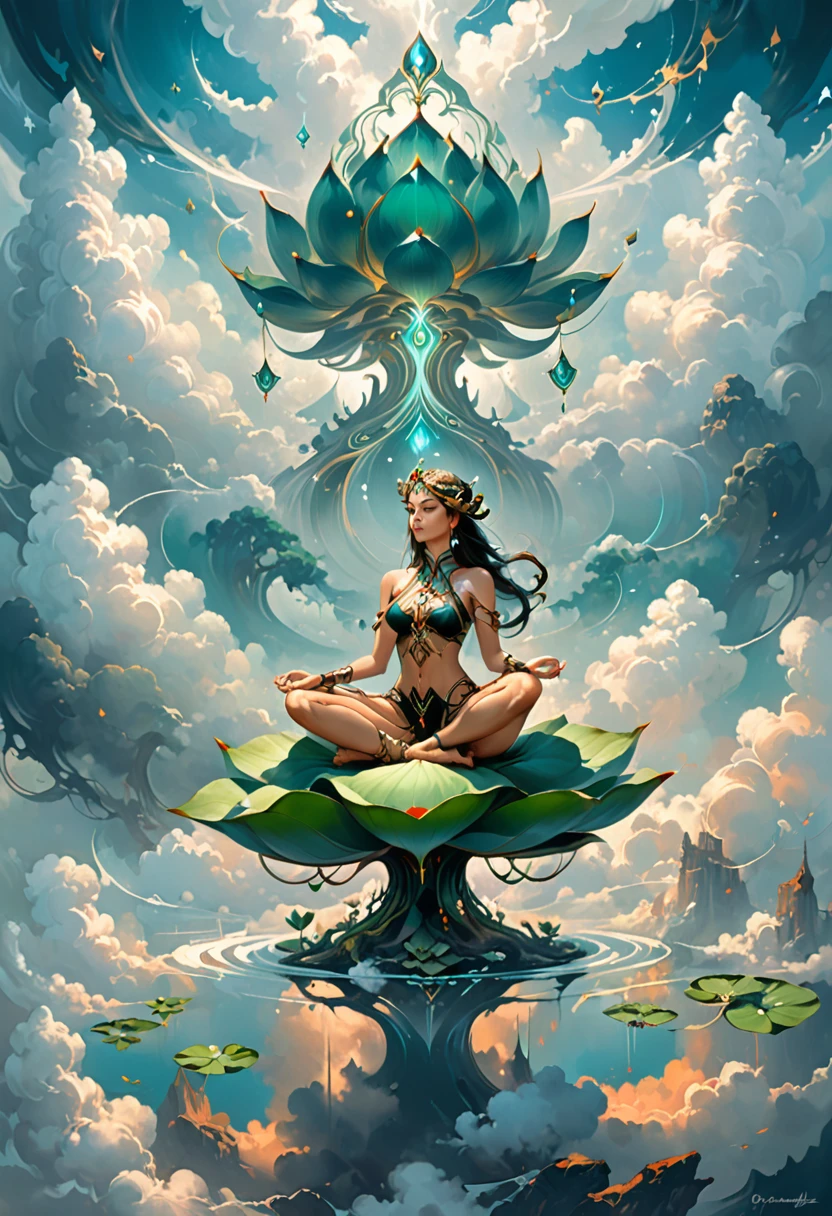 painting of a woman sitting in a lotus position in the clouds, inspired by Peter Mohrbacher, peter mohrbacher style, peter mohrbacher digital art, in the art style of mohrbacher, in style of peter mohrbacher, peter mohrbacher. unreal engine, surreal concept art, peter mohrbacher artstyle, style of peter mohrbacher
