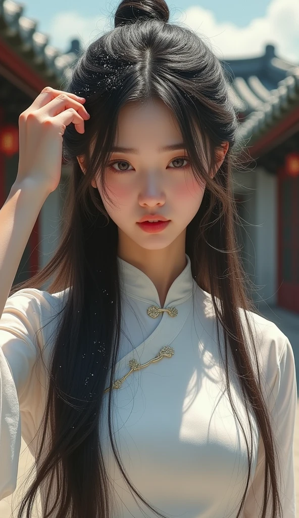 Create an Asian long-haired beauty，Beautiful big eyes，Regular facial features，Normal limbs，White traditional cheongsam，Scratching the scalp with both hands，Scratching the scalp with both hands，A lot of dandruff on the top of the head，White fine dandruff on the top of the head，Expression praise unhappy people，Tears in the eyes，Ancient courtyard background，9:16 frames，Ultra HD painting