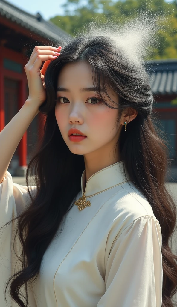 Create an Asian long-haired beauty,Beautiful big eyes,Regular facial features,Normal limbs,White traditional cheongsam,Scratching the scalp with both hands,Scratching the scalp with both hands,A lot of dandruff on the top of the head,White fine dandruff on the top of the head,Expression praise unhappy people,Tears in the eyes,Ancient courtyard background,9:16 frames,Ultra HD painting