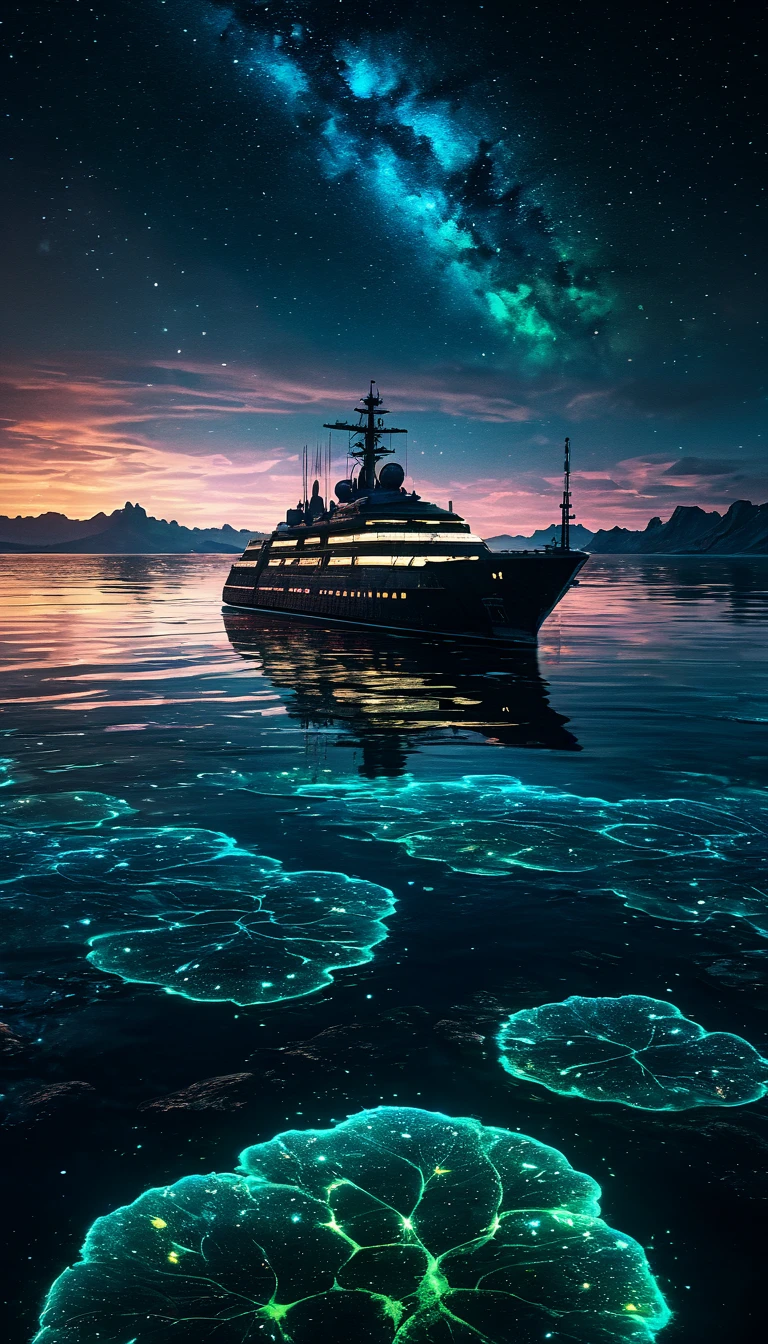 A starry night sky on an alien planet, a ship sailing on the calm waters of the ocean, colorful and vibrant stars in the sky above,(best quality,8k,highres,masterpiece:1.2),ultra-detailed,(realistic,photorealistic,photo-realistic:1.37),cinematic, dramatic lighting, epic sci-fi, matte painting, volumetric lighting, dramatic clouds, glowing bioluminescent flora, reflections on water, alien landscape, vivid colors,8k, highly detailed, hyper realistic, award winning photograph,cinematic composition,dramatic lighting,moody atmosphere