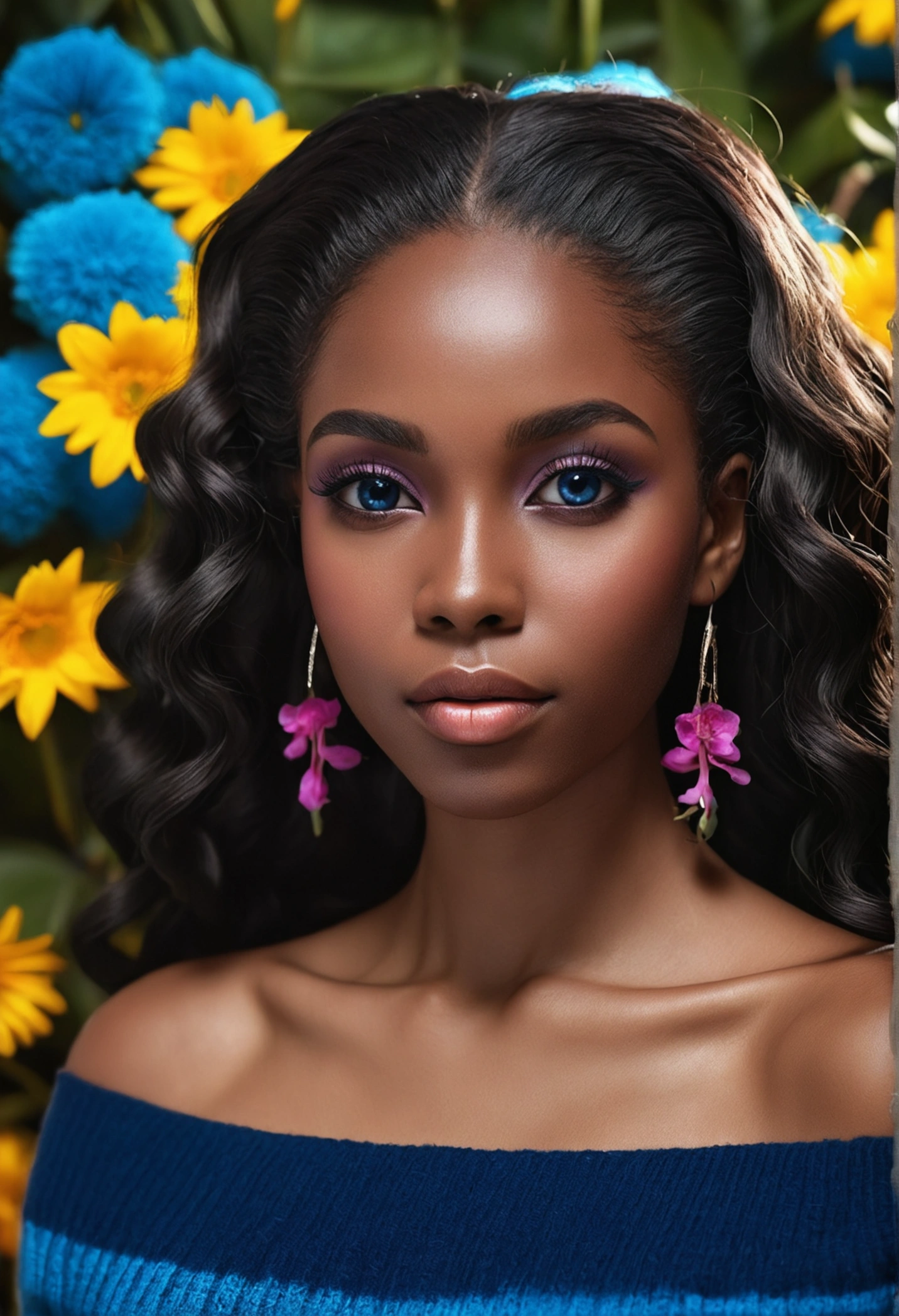 Upper body shot, ((beautiful black woman with flawless dark skin)), long hair with blue gradient shine, clearly defined facial features, big detailed eyes, ((( wearing an off the shoulder sweater))) bright flowers in the background, masterpiece, best high quality image,96k, HD, depth of field, 1080P wallpaper, Stand out, Character focus, high quality, incredibly detailed, UHD image quality in the style of Diego Gravinese