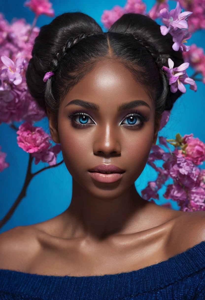 Upper body shot, ((beautiful black woman with flawless dark skin)), long hair with blue gradient shine, clearly defined facial features, big detailed eyes, ((( wearing an off the shoulder sweater))) bright flowers in the background, masterpiece, best high quality image,96k, HD, depth of field, 1080P wallpaper, Stand out, Character focus, high quality, incredibly detailed, UHD image quality in the style of Diego Gravinese
