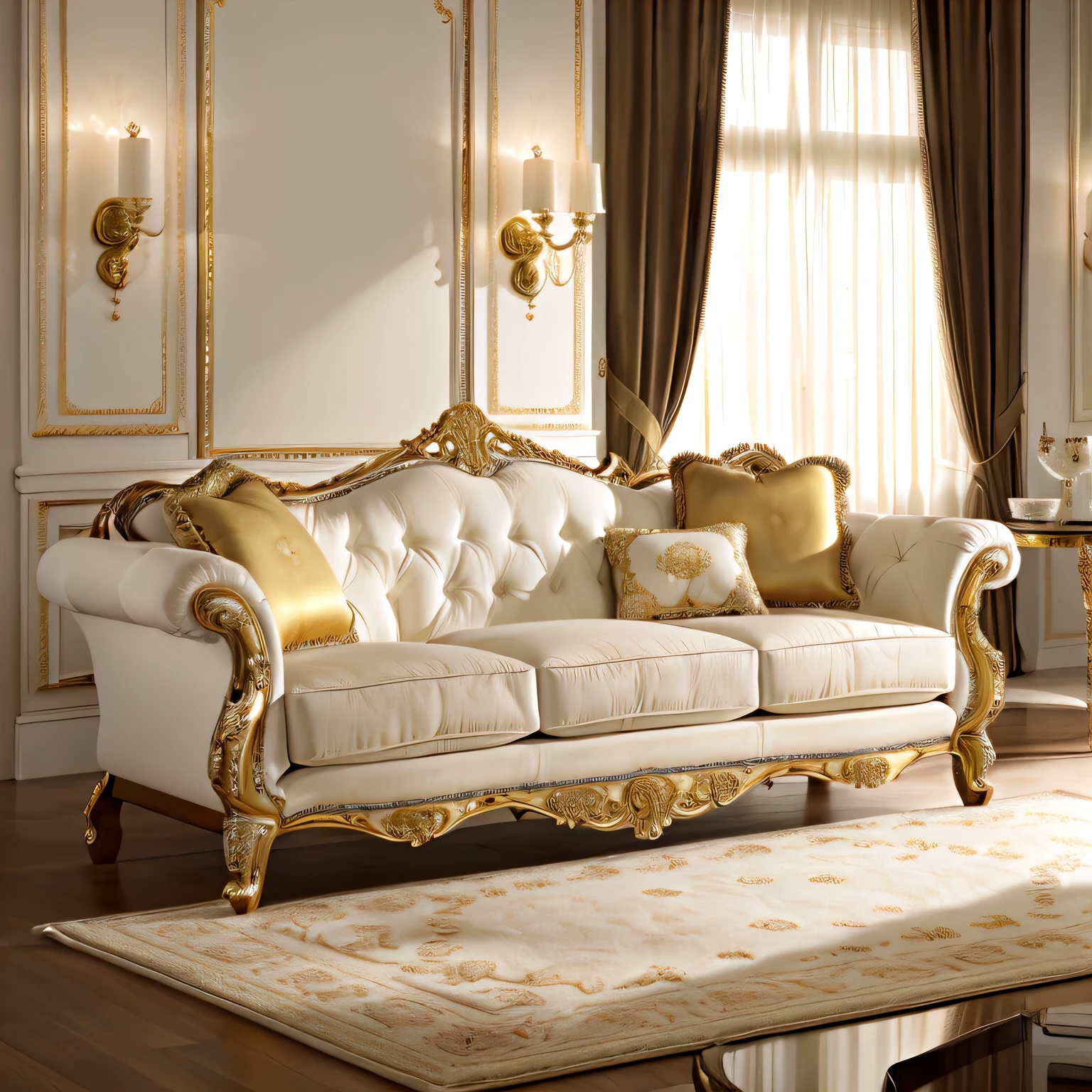 arafed couch in a living room with a white rug and a table, elegant furniture, luxury furniture, furniture and decor, ivory rococo, elegant baroque, french provincial furniture, lounging on expensive sofa, ornate furniture, fancy drapery on furniture, ornate with gold trimmings, leather couches, elegant and refined, lavish rococo baroque setting, classical style, extremely extremely realistic, brown