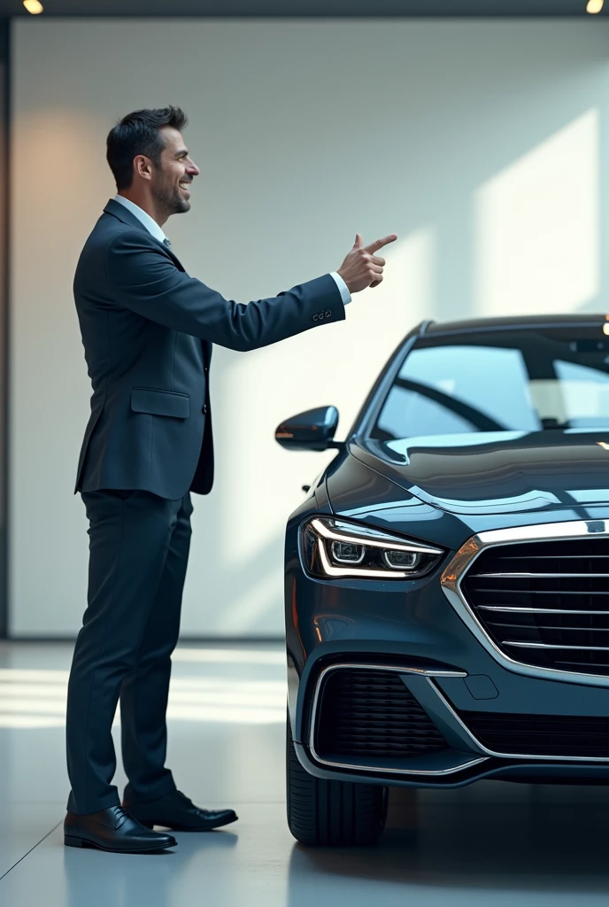 (photorealism:1.2), 2.	a person pointing at a new car up close 
