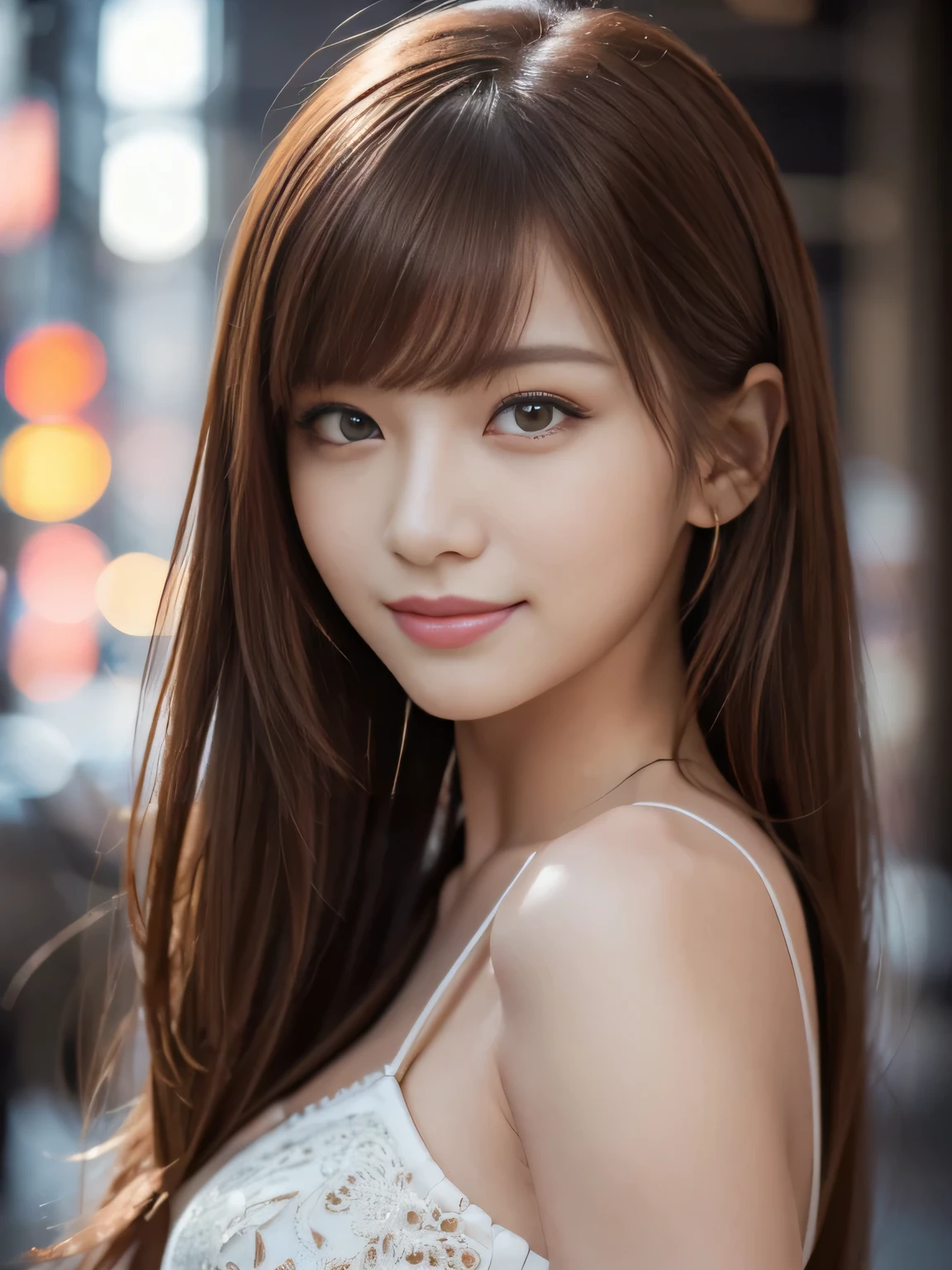 masterpiece, best quality, ultra-detailed, intricately detailed hyperdetailed, realistic, sharp features, highly detailed, sharp focus, Realistic, Photorealistic:1.3, (19 years old:1.3), perfect face, perfect symmetrically eyes, perfect full lips, hyper detailed, hyper realistic, high resolution, beautiful young Japanese woman, Slender, brown hair, Stylish, model poses, Beautiful Face, Red hair, asymmetrical bangs, (seductive smile:1.2), (looking at viewer), cinematic lighting,