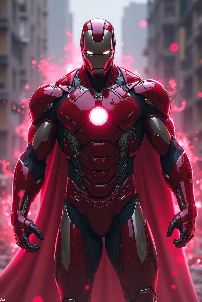 crie uma imagem de um super herói masculino chamado scarlet com uma joia da realidade com um traje parecido com do pantera negra e do com nanorobos igual do homem e ferro um com uma mascara de ferri
