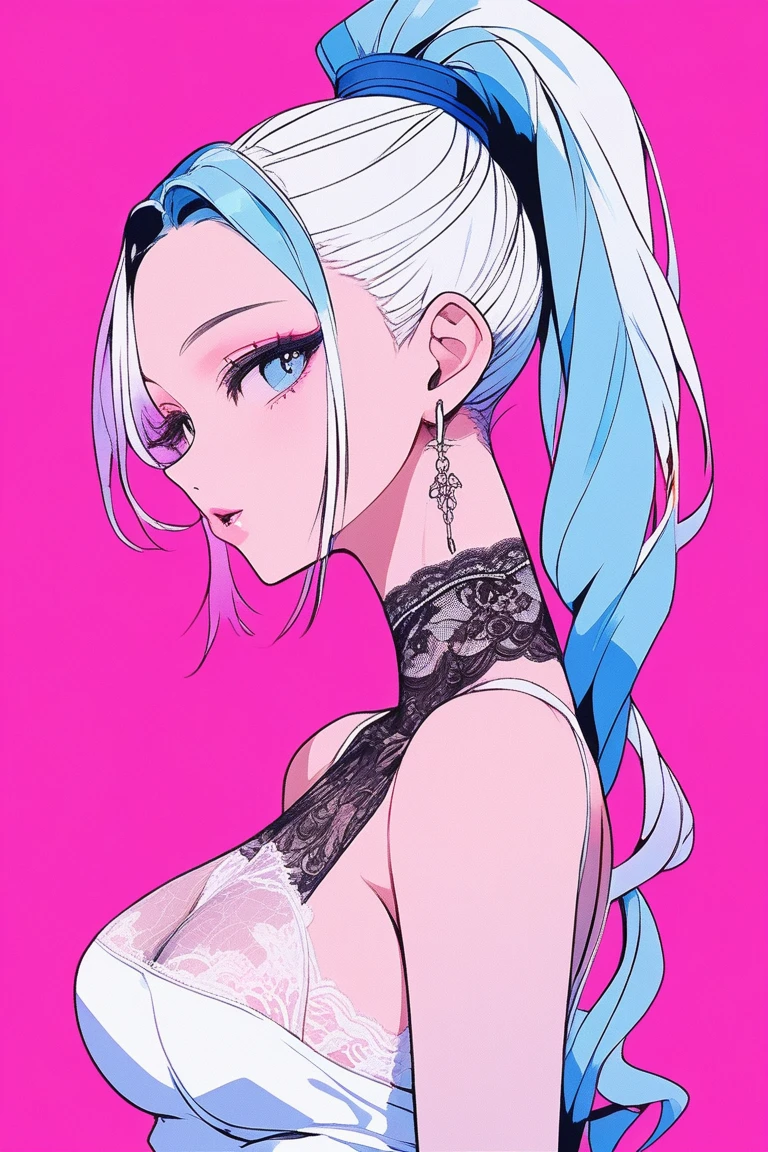 Illustrator, anime , Realistic , sketch , 1 person, model, lip, Plenty of lace and revealing details、Sheer gothic white dress., Lace gloves, order, Blue and pink gradient background, Neon colored hair, Big Breasts, Upper Body, Sexy pose、Texture Trim、Russia、（masterpiece、Highest quality）