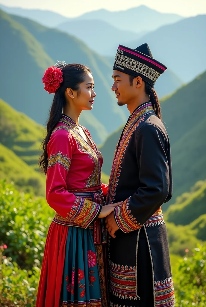 1 woman and 1 man wearing Hmong clothing