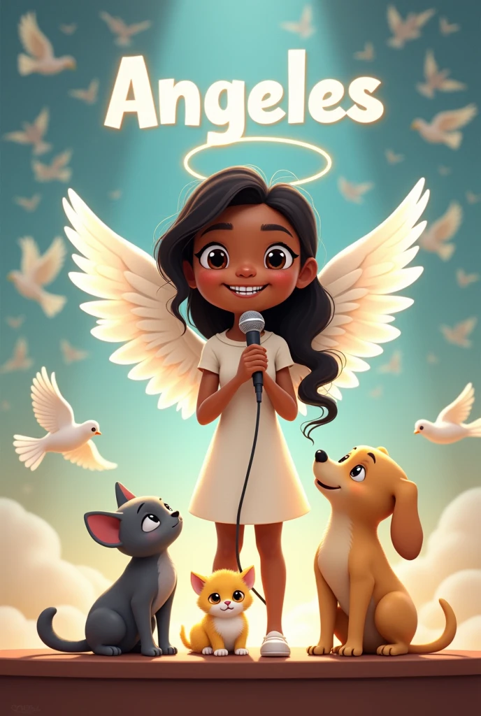 A brown skinned girl ,with big wings like an angel with a smile and has braces on his teeth , her black wavy hair in a long white dress on a stage full of doves with a microphone , Next to her are her 3 pets, a gray kitten with chubby cheeks, his name is Polo and her other pet, which is a yellow and white kitten, her name is Nini, she is smaller, and her last pet, which is a large beige Golden puppy, his name is Osito, on stage he has a big name that says Angeles.