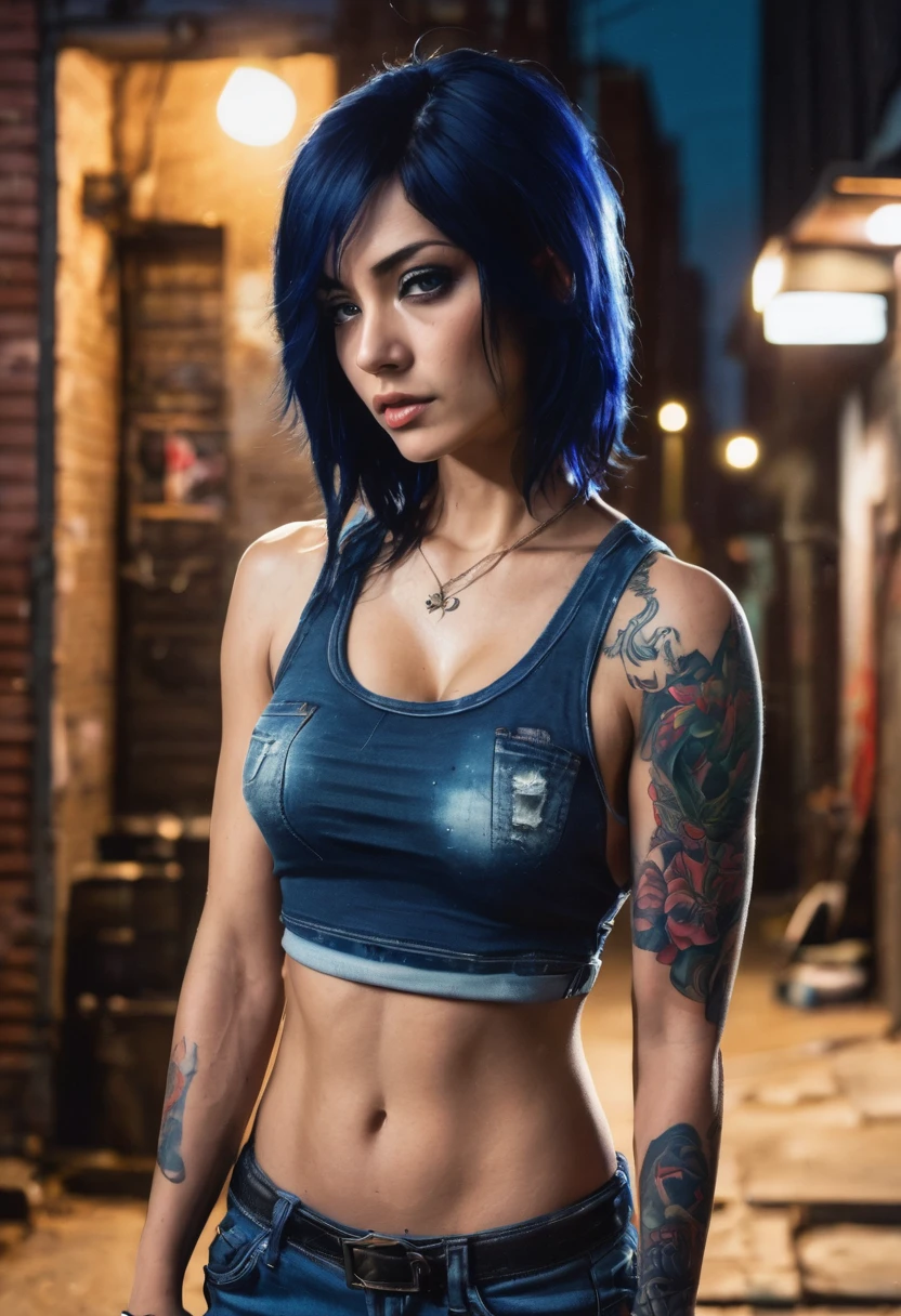 (good quality), (many details), (masterpiece), A close-up of a person in jeans and a tank top, dark blue hair (shoulder length), fierce, athletic, serious melancholic face, small breasts, black band on upper arms, strong, in an alley at night, realistic, tattoo under the eye,