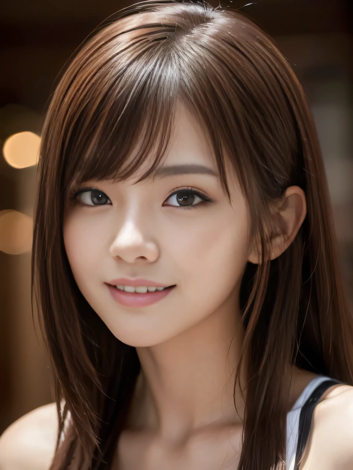 masterpiece, best quality, ultra-detailed, intricately detailed hyperdetailed, realistic, sharp features, highly detailed, sharp focus, Realistic, Photorealistic:1.3, (19 years old:1.3), perfect face, perfect symmetrically eyes, perfect full lips, hyper detailed, hyper realistic, high resolution, beautiful young Japanese woman, Slender, brown hair, Stylish, model poses, Beautiful Face, Red hair, asymmetrical bangs, (seductive smile:1.2), (looking at viewer), cinematic lighting,