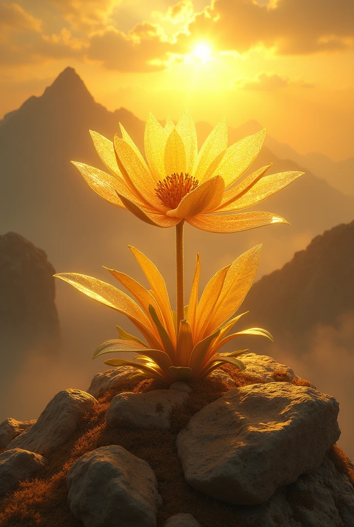 Une fleur unique et majestueuse, aux pétales dorés scintillants, pousse seule au sommet de la montagne, entourée de pierres sacrées et de lumière dorée émanant du ciel. Le vent souffle légèrement, faisant trembler les pétales comme s'ils étaient faits de lumière pure. La scène est à la fois belle et tragique, évoquant la rareté et le prix à payer pour cueillir une telle merveille.