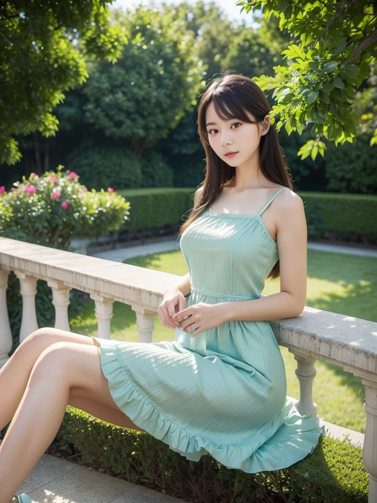 Garden Terrace、Polyester A-line dress、、(Highest quality)、((Very detailed))、4K、(8k)、masterpiece、Very detailedな、Highest quality、Super Resolution、1 person、Kind Face、Soft Light、RAW quality、Soft Skin、163cm、28 years old、Textured skin