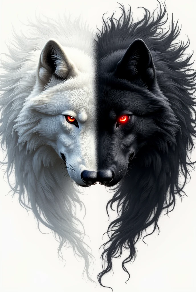 a tattoo with a white wolf and a black wolf and both with red eyes
