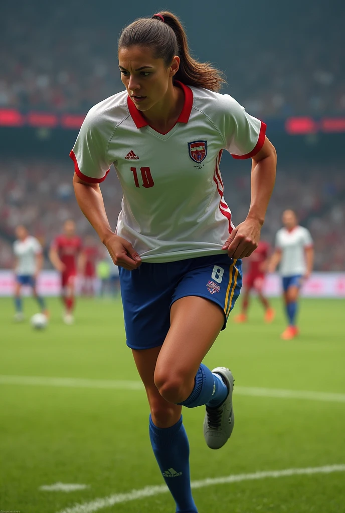 Women soccer player pulling shorts doing a foul, full body