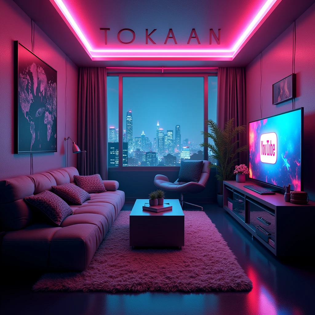 Room with a sofa on the left and a TV on the right wall with a TV cabinet underneath. On the back wall a window with a rather futuristic view in a Cyberpunk theme. ager's bedroom in a Cyberpunk theme with neon lights on the ceiling and the word Tokaan written on the left wall in capital letters above the sofa and the Youtube logo on the TV.