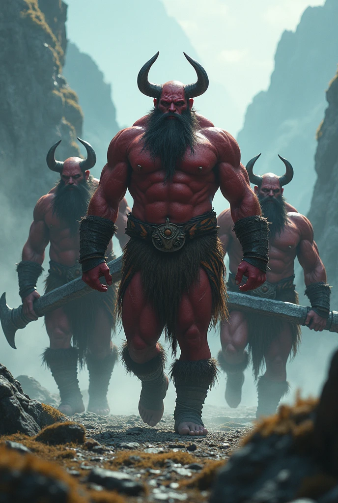 Three ogres standing in a misty mountain landscape。The ogres are muscular.々in、Wearing a tiger striped loincloth、In one hand he holds a large, spiked metal club.。The leading ogre in front、獰猛in威圧的な表情in、Looking directly at the viewer。There are two ogres behind him.。The image was taken from a low angle、Looking up at the ogres。これらのオーガはおinこの中心にまっすぐ、Thick、Short、The corners of the cone1Hon-growing。The ogres are taking big steps forward、肌はワインのように赤いinす。Get your whole body in the frame、ゆっくりと進撃しているポーズin描かれています。