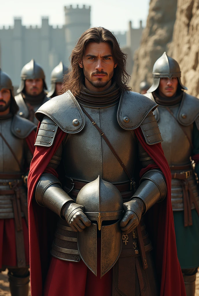 Short Italian soldiers, 27 years old, long brown hair, black eyes, wearing robust medieval armor. He holds a battle met