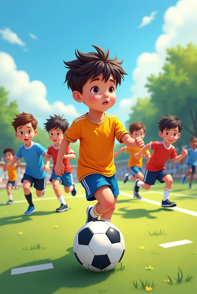 illustration, 8 year old boy, with sports clothes, skinny and small, junto a el hay niños varones de 8 años que visten with sports clothes, on a small soccer field