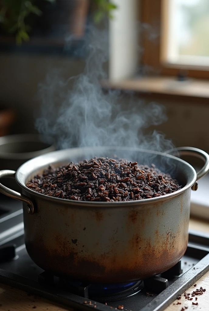 Pot with burnt rice 