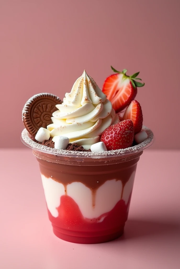 Strawberries and cream in a 500ml transparent disposable bowl with a full rim of Nutella and decorated on top with mini marshmallows, cookies and milk powder
