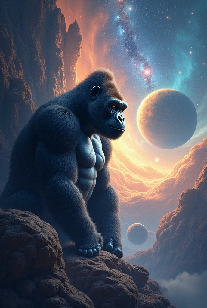 make an image with a background of galaxies and planets with a gorilla in the corner