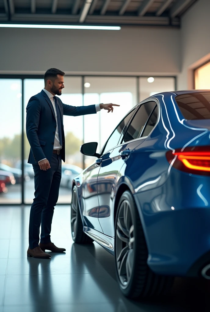 (photorealism:1.2), 2. a person pointing at a new car up close