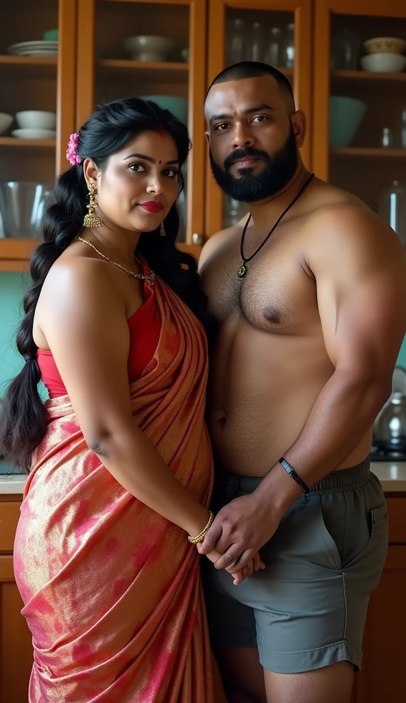 Newly wed indian couple, hot curvy south indian thick milf with single plaited hairstyle, big breast, big hip, big ass, thick thighs, woman wearing satin saree, cleavage, indian couple, very short indian brown man with buzz cut, very big muscular body and beard, man wearing shorts, woman with man, couple in kitchen, high resolution, couple looking at camera, tall woman and short man, close-up potrait, Closed Mouth, serious face, man pulling woman pallu, 