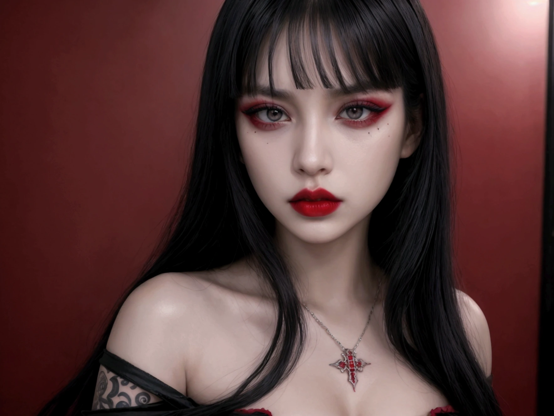 Cool, world-weary face, 1 girl, gang boss, gangster, female, long straight black hair, red lips, beauty, gang, guns, beautiful clothes, beautiful jewelry, handsome makeup, 🖤🕶️🚔, Exquisite tattoos, blunt bangs,The coldness that has killed people,handcuffs,medium full shot,Heavy makeup and polishingheavy makeup red lips angry fierce glare cold blood cold blood, heavy makeup,red lips,angry,fierce,glare cold blood