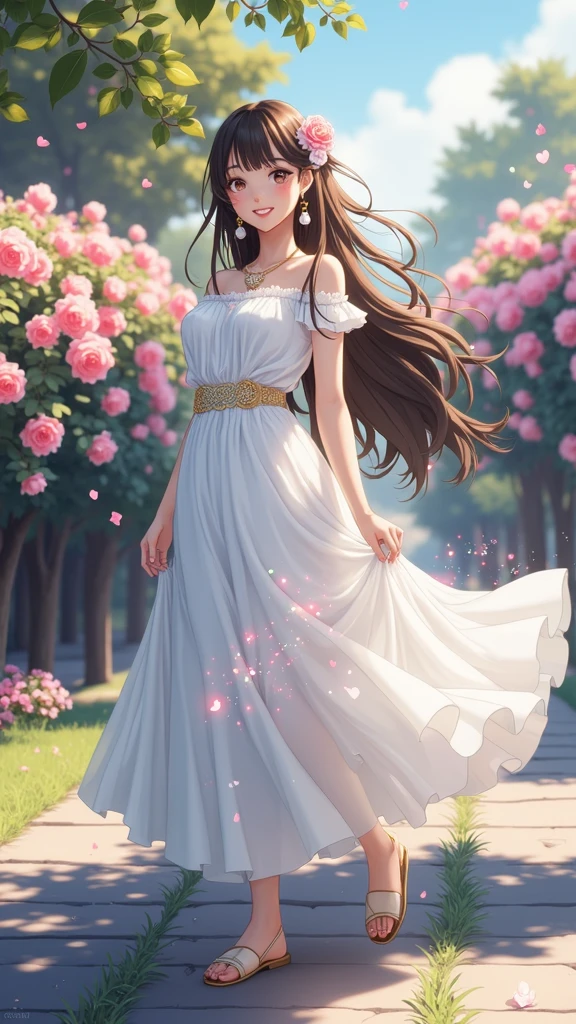 (masterpiece、Highest quality、8k、High resolution)、(One female、Beautiful Face、Beautiful eyes、Beautiful lips、Beautiful nose)、smile、The white upper teeth are faintly visible、Brown-black hair、(The best girl in anime)、garden、blue sky、Colorful flowers are blooming、Vibrant colors、Red roses are beautiful、(Body、whole bodyから神秘的な光の粒子、Colorful light particles、A mysterious light glowing around the head)、melt、jewelry、necklace、dress、(whole body)、Highly detailed anime art、A complete portrayal、