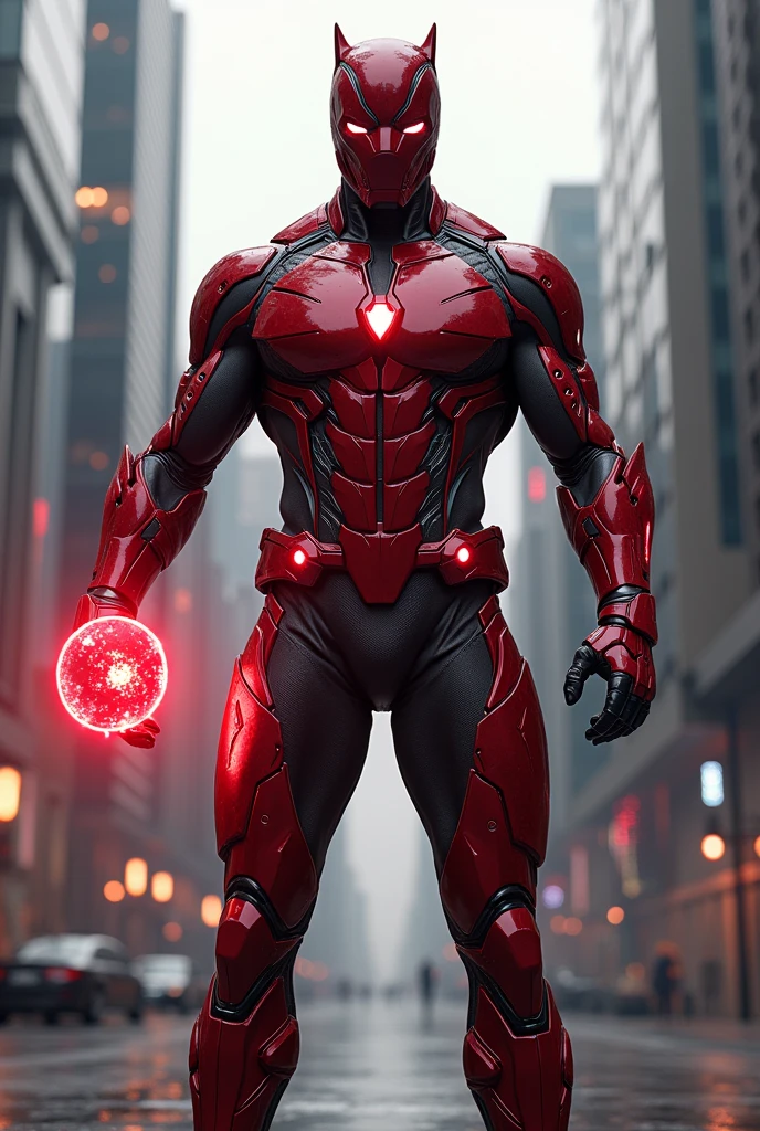 create an image of a male superhero named scarlet with a reality gem with a costume similar to black panther and with nanorobots like iron man and one with a mask like the covid one