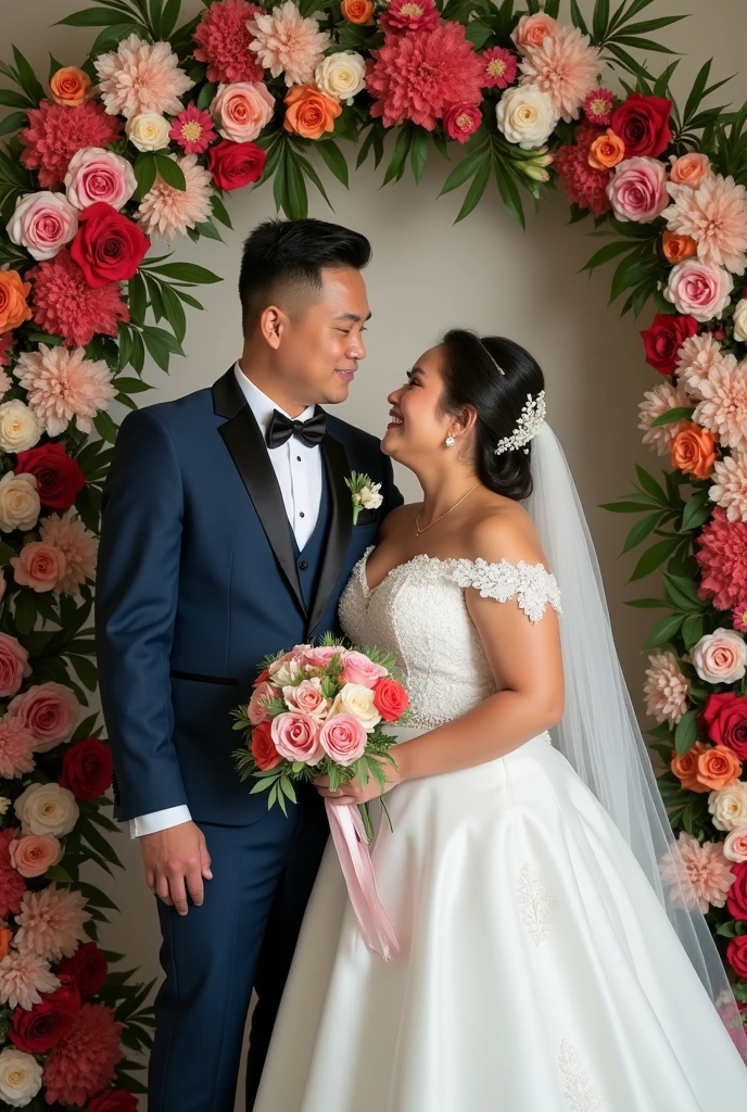 real pinoy couple fat girl wearing wedding with background arounding flowers