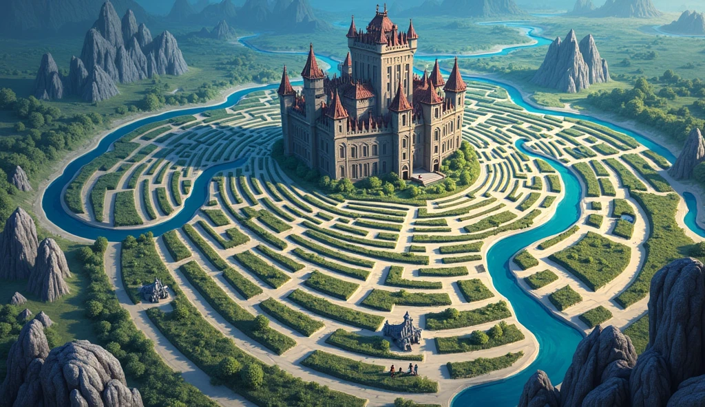 Trapped within a sprawling maze of a mighty river, a grand castle looms ominously in the center, its towering turrets beckoning to lost wanderers. In a stunning painting, the intricate details of the twisting waterways and imposing fortress are brought to life with vivid colors and masterful brushstrokes. The vast expanse of the maze is depicted with a sense of both awe and foreboding, making it a mesmerizing and immersive visual experience for viewers.