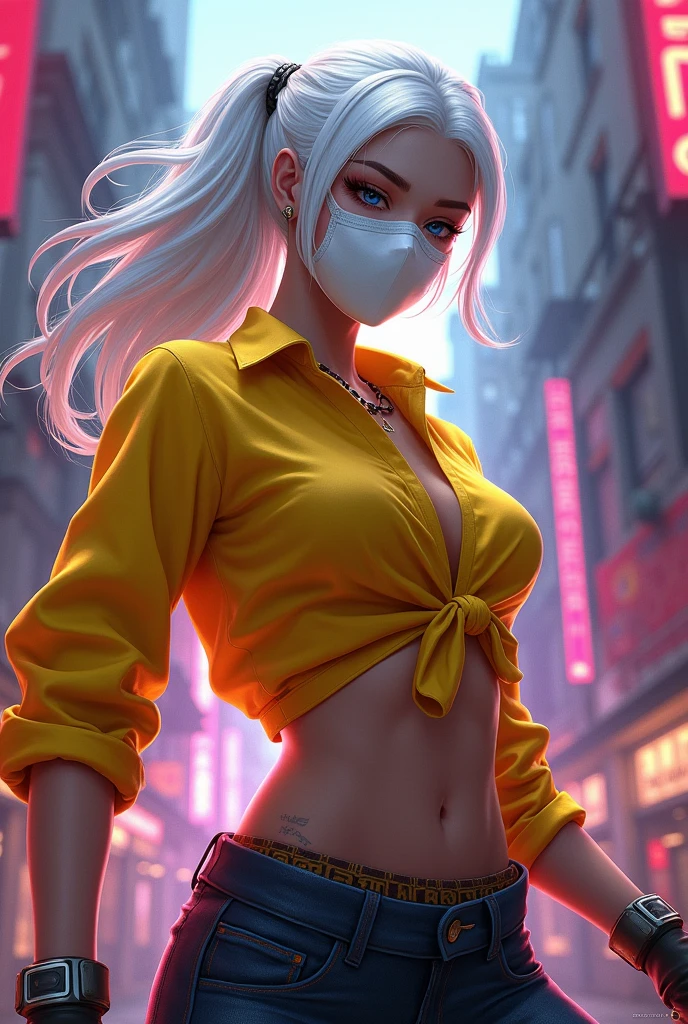 I want a female character in the Free Fire style, white hair, white mask, yellow blouse 