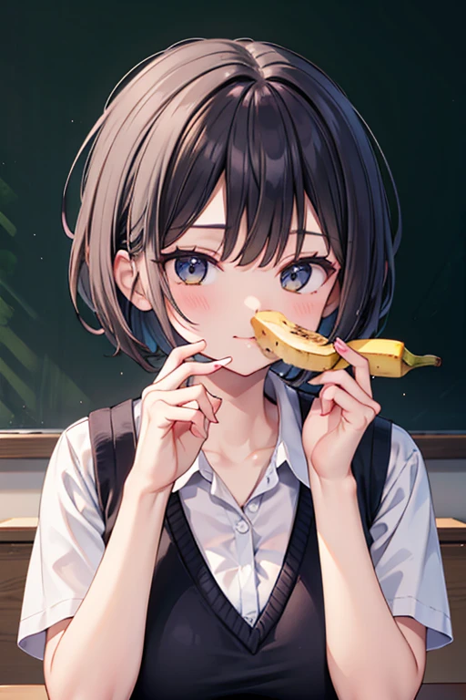 Teacher eating a banana,30yo,woman,short hair,