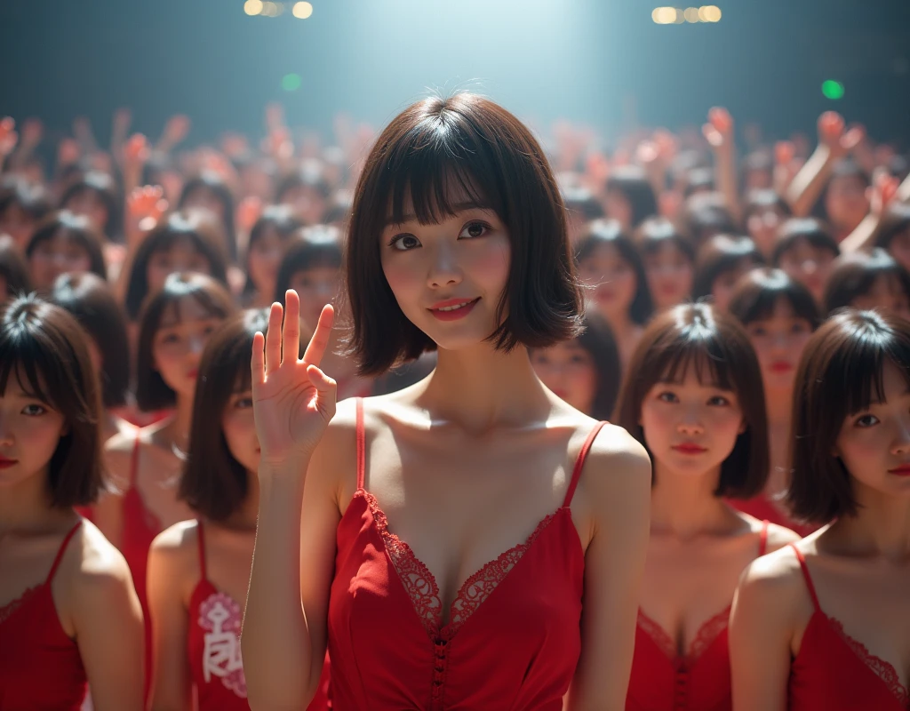 [Japanese Clone girls=Myself], [Perfect Clone girls Raw Photography Art], [16K, Highest quality, Ultra-high resolution], (((Unrealistic, Unprecedented sight, hyperdimensional space, A sight beyond imagination, (((A world of mass proliferation of myselves, Ultra-realistic)))))), (Japanese, woman, 25-year-old, Saito-Asuka), ((Small face, Brown and black hair, Short Hair)), ((Very beautiful detailed girls, Accurate body structure, Very detailed and perfect super busty body)), ((amazing super big tits, Large, swelling breasts)), (Dark Eyes, Mature face, Cute Smile, A gentle gaze), (Happy laughter), [[(((((Very detailed, 1girl→1,000,000,000,000,000,000,000,000,000,000,000,000,000cloning girls))))), (((((Extremely detailed and precise depiction of the double, Perfectly the same girl, The exact same smile, Perfect matching hairstyle, Perfect same clothes, Exactly the same height, Perfect same super busty))))), (((((Myself only))))), (((Very detailed, on stage, Idol Group, Nogizaka46's stage costumes, 1,000,000,000,000Myself))), (((Very detailed, General seating, camisole, 1,000,000,000,000,000,000,000Myself)))]], (((Perfect description, Smiling face, hug, wave hands, Matching poses, Matching dance, Sexy pose, In a row, Infinite Alignment))), (((Very detailed, Super crowded in a different dimension, Abnormal crowding, Super crowded))), (Large Concert Hall, Front bright light, Illuminated by spotlights, Live Stage Lighting), (((Very wide field of view, Very detailed, Finely detailed depiction of ultra-near-distance images without blur)))), Group idol group photo, Anywhere Angle, Lens F-stop of 22