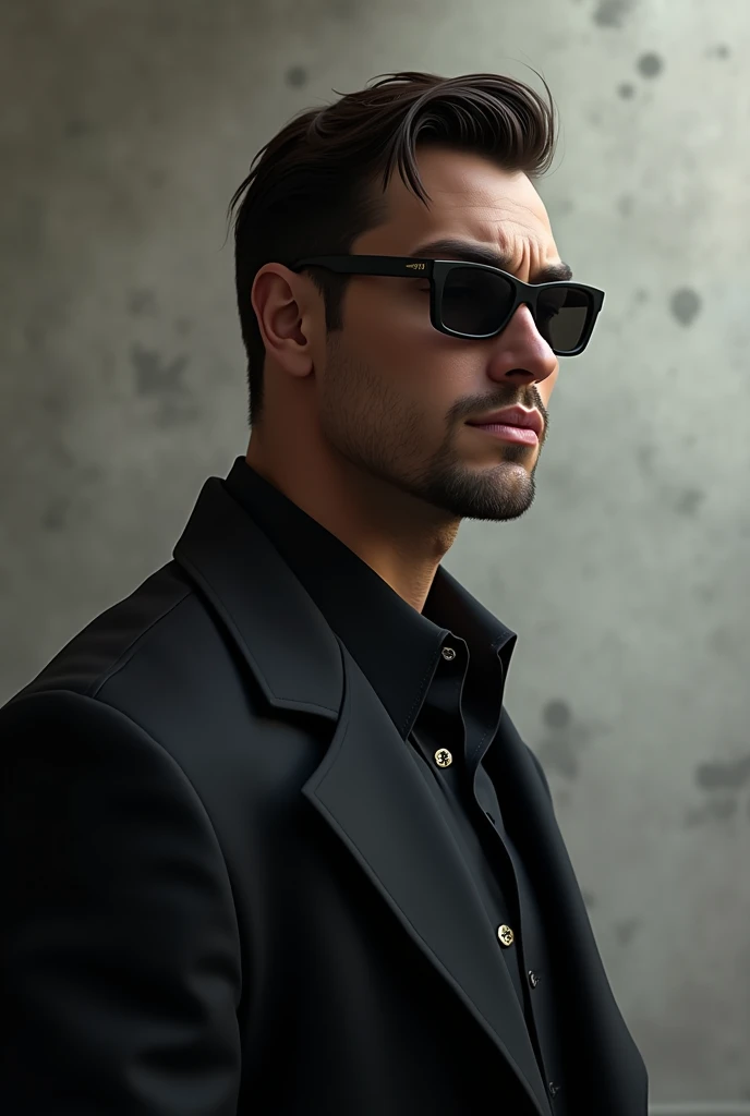 tall and strong man, dark brown hair, asymmetrical face, big lips wearing sunglasses, wearing black overcoat, looking to the right side