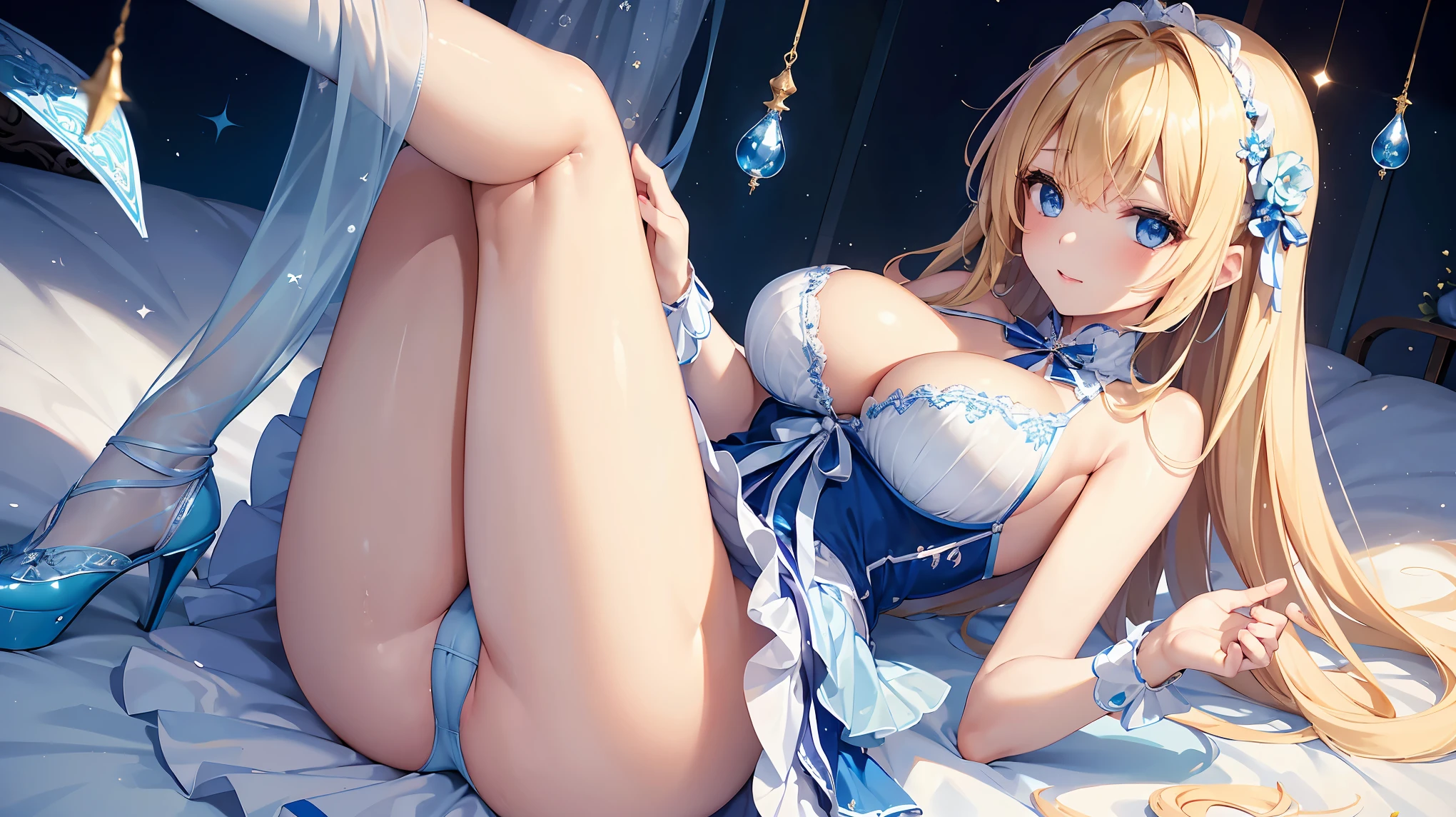 ((Highest quality、High resolution))、Beautiful woman、Perfect body、Beautiful and bountiful breasts、(tits)、long blond、bangs、Blue and white、Embellished blue sexy dress、skirt、(((Showing panties、I&#39;m tempting you、A woman opening her legs and inviting sex)))、Outdoor Scenery