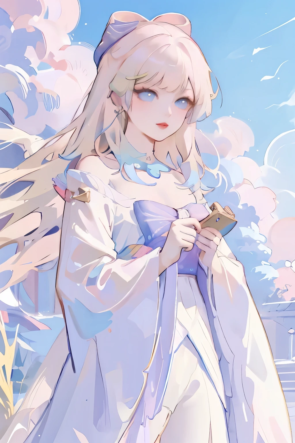 There was a woman in a white dress holding a music box, guweiz style artwork, guweiz on pixiv artstation, guweiz on artstation pixiv, Gu Weiss, Fantasy art style, Gu Weiss masterpiece, Beautiful and elegant queen, Beautiful character painting, Detailed digital anime art, Blonde Princess, White hair, Sky blue eyes, Pink lips
