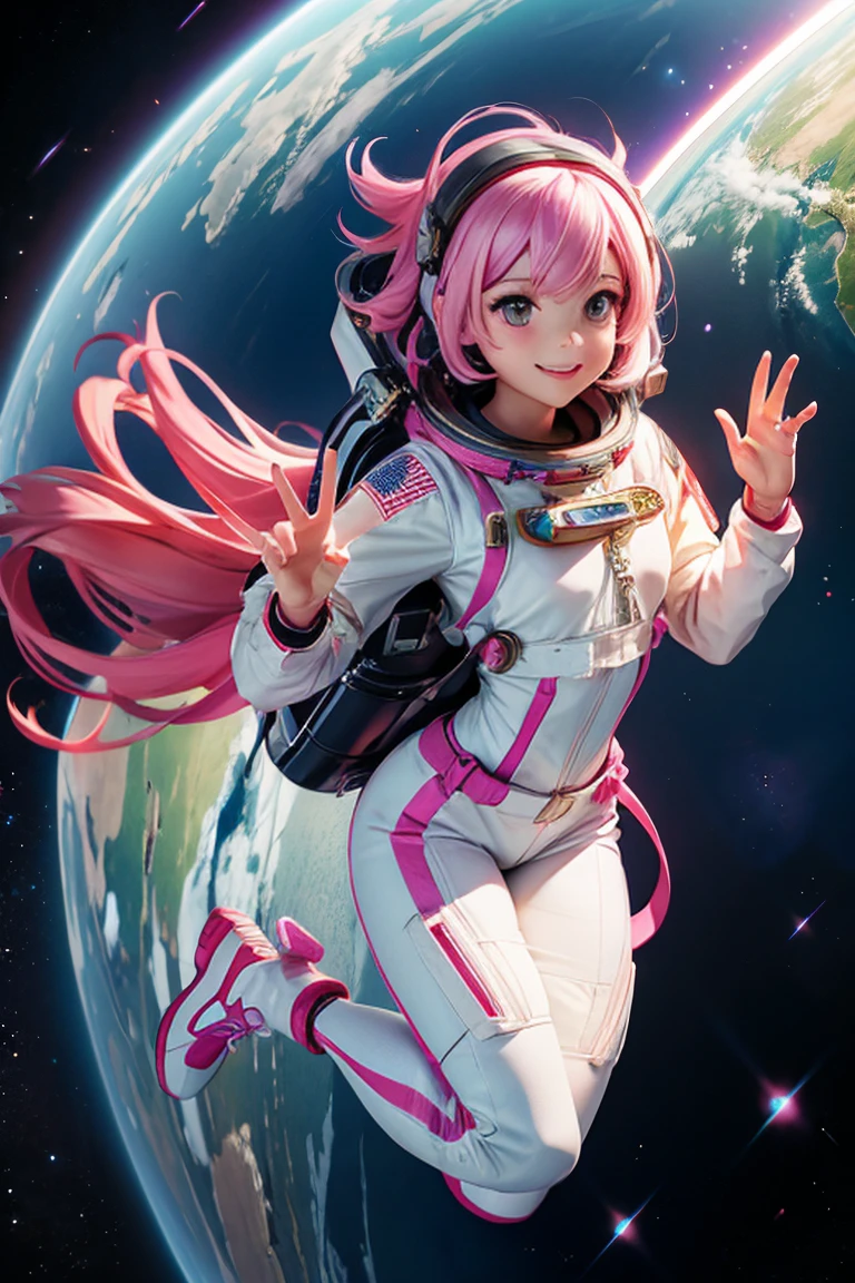 1girl ,female astronaut,she is floating in space,she has pink hair,she looks so happy,fullbody,(sexy)