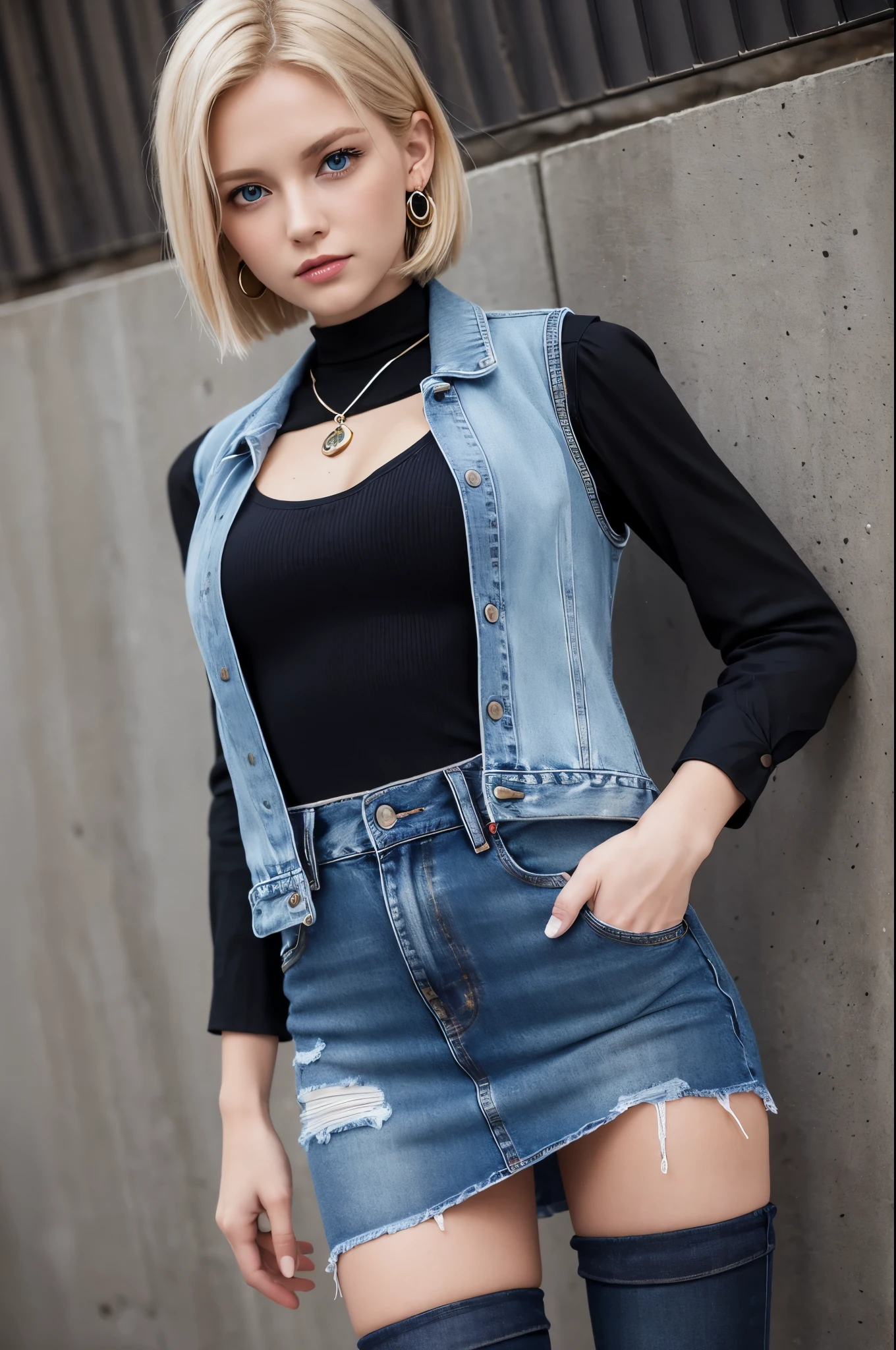 8k,Highest quality, High resolution, AND18, One Girl, Android 18, alone, Blonde, blue eyes, short hair, Earrings, jewelry, Denim dress, Open Vest, Black Pantyhose, Black Shirt, Jeans Skirt, long sleeves with stripes, Blue Skirt, Medium chest, Cowboy Shot, street, (External dilated chest: 1.2) The body's aura is released (Blue white light effect),Highest qualityのフォトリアリスティックRAW写真。Backlight、Cinema Lighting、Film Grain、50mm lens、Nikon D850、Realistic Skin、Fantasy art、Character Art、超High resolution、muscular and slim body、超Realistic Skin、Super Muscular Beauty,smile,Dynamic karate pose with clenched fists,