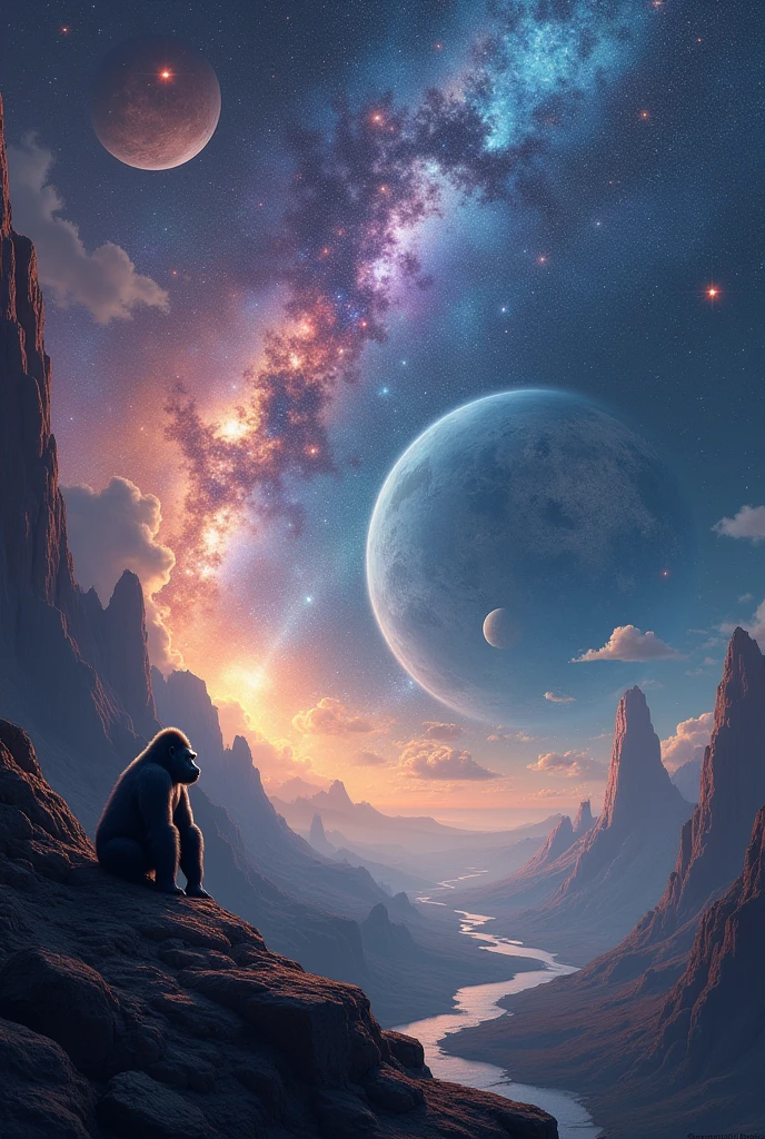 make an image with a background of galaxies and planets with a gorilla in the corner, enlarge the galaxies and reduce the size of the gorilla