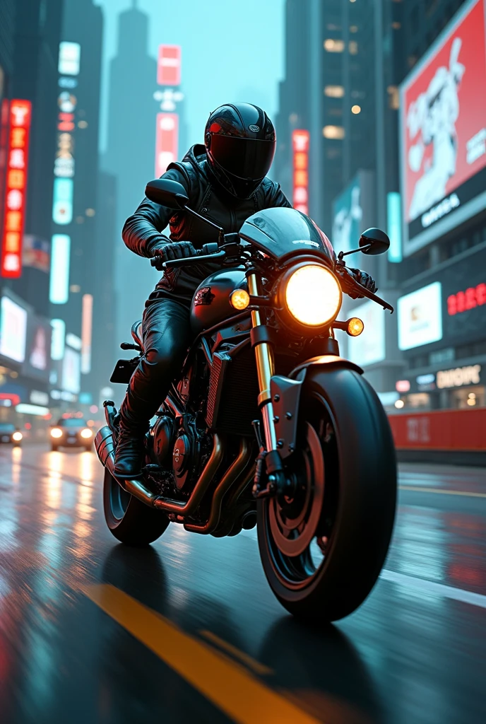 {{A breathtakingly beautiful woman racing at breakneck speed atop a high-performance motorcycle in a hyper-realistic Cyberpunk style}}, the scene illuminated by cinematic lighting that accentuates every intricate detail. This is a Cyberpunk-inspired image that captures {((the thrilling fusion of high-speed action and futuristic urban aesthetics))}. The environment/background should be {((a sprawling metropolis with towering skyscrapers and bustling streets, bathed in the neon glow of Cyberpunk technology))} to create an {((atmosphere of dynamic energy and urban sophistication))}. The image should be rendered in {((ultra-realistic and meticulously detailed))} style, drawing from {((the gritty and lifelike aesthetics of Cyberpunk-themed media))}. The medium shot, captured with a {((medium telephoto))} lens, will provide a {((sense of velocity and realism))}. The lighting should be {((cinematic and dramatic))}, casting {((striking shadows and highlights that enhance the realism and depth of the scene))}. The desired level of detail is {((exquisitely intricate and visually captivating))} with a {((high-definition))} resolution, showcasing {((the realistic textures of the woman's attire, the intricate design of the racing motorcycle, and the urban landscape))}. The goal is to create a {((visually stunning and emotionally engaging))} image that immerses viewers in {((the adrenaline-fueled world of Cyberpunk racing))}.