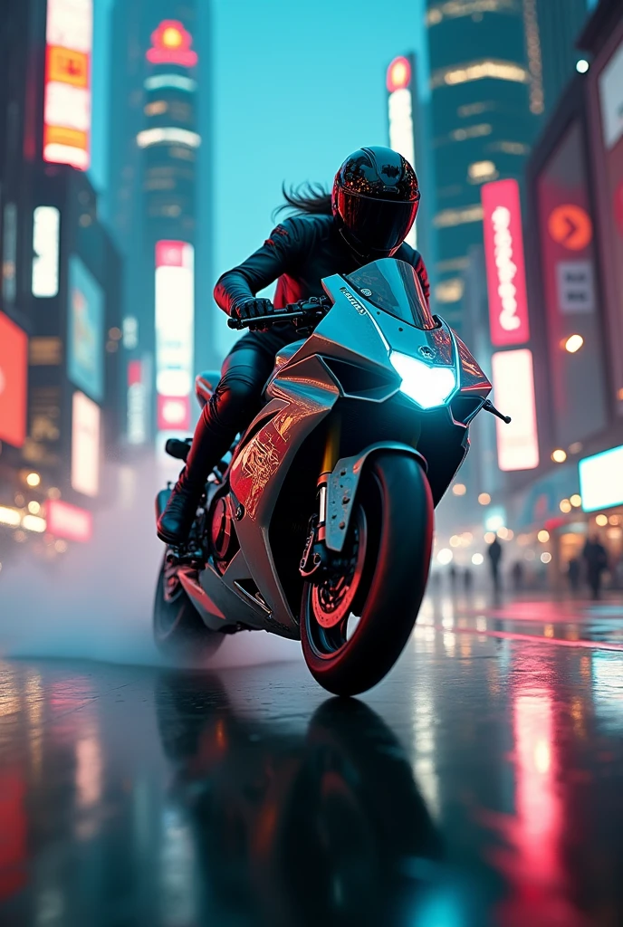 {{A breathtakingly beautiful woman racing at breakneck speed atop a high-performance motorcycle in a hyper-realistic Cyberpunk style}}, the scene illuminated by cinematic lighting that accentuates every intricate detail. This is a Cyberpunk-inspired image that captures {((the thrilling fusion of high-speed action and futuristic urban aesthetics))}. The environment/background should be {((a sprawling metropolis with towering skyscrapers and bustling streets, bathed in the neon glow of Cyberpunk technology))} to create an {((atmosphere of dynamic energy and urban sophistication))}. The image should be rendered in {((ultra-realistic and meticulously detailed))} style, drawing from {((the gritty and lifelike aesthetics of Cyberpunk-themed media))}. The medium shot, captured with a {((medium telephoto))} lens, will provide a {((sense of velocity and realism))}. The lighting should be {((cinematic and dramatic))}, casting {((striking shadows and highlights that enhance the realism and depth of the scene))}. The desired level of detail is {((exquisitely intricate and visually captivating))} with a {((high-definition))} resolution, showcasing {((the realistic textures of the woman's attire, the intricate design of the racing motorcycle, and the urban landscape))}. The goal is to create a {((visually stunning and emotionally engaging))} image that immerses viewers in {((the adrenaline-fueled world of Cyberpunk racing))}.