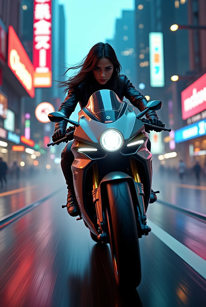 {{A breathtakingly beautiful woman racing at breakneck speed atop a high-performance motorcycle in a hyper-realistic Cyberpunk style}}, the scene illuminated by cinematic lighting that accentuates every intricate detail. This is a Cyberpunk-inspired image that captures {((the thrilling fusion of high-speed action and futuristic urban aesthetics))}. The environment/background should be {((a sprawling metropolis with towering skyscrapers and bustling streets, bathed in the neon glow of Cyberpunk technology))} to create an {((atmosphere of dynamic energy and urban sophistication))}. The image should be rendered in {((ultra-realistic and meticulously detailed))} style, drawing from {((the gritty and lifelike aesthetics of Cyberpunk-themed media))}. The medium shot, captured with a {((medium telephoto))} lens, will provide a {((sense of velocity and realism))}. The lighting should be {((cinematic and dramatic))}, casting {((striking shadows and highlights that enhance the realism and depth of the scene))}. The desired level of detail is {((exquisitely intricate and visually captivating))} with a {((high-definition))} resolution, showcasing {((the realistic textures of the woman's attire, the intricate design of the racing motorcycle, and the urban landscape))}. The goal is to create a {((visually stunning and emotionally engaging))} image that immerses viewers in {((the adrenaline-fueled world of Cyberpunk racing))}.