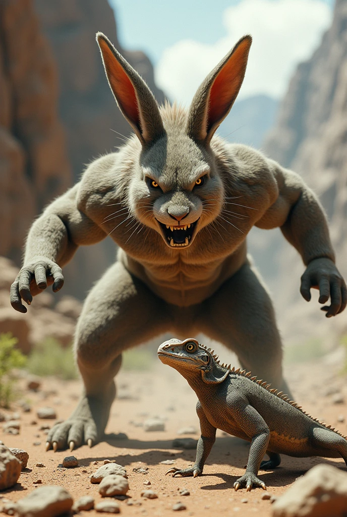 A strong muscular white rabbit angry killing an alligator brutally blood