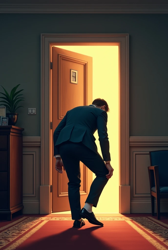 Back view of an employee putting on his shoes before opening the door in front of the president's office and entering