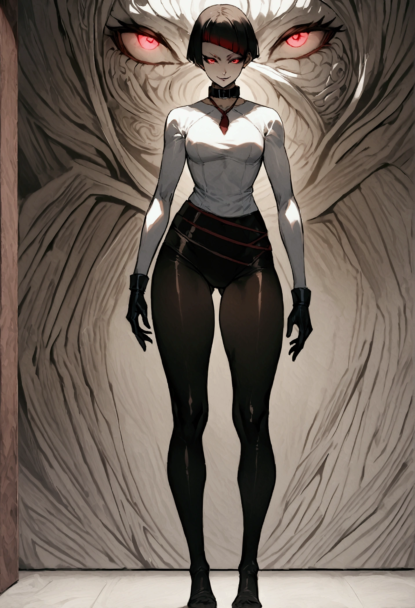The eyes,fully body,standing,alone,short hair,work of art,face detailed,young fitness linda,Wearing black pantyhose,tight white sweater with collar ,neckleace,evil smile,red eyes glowing,labiaa,eye shadow,bangs on the eyes,black gloves,usando The eyes
