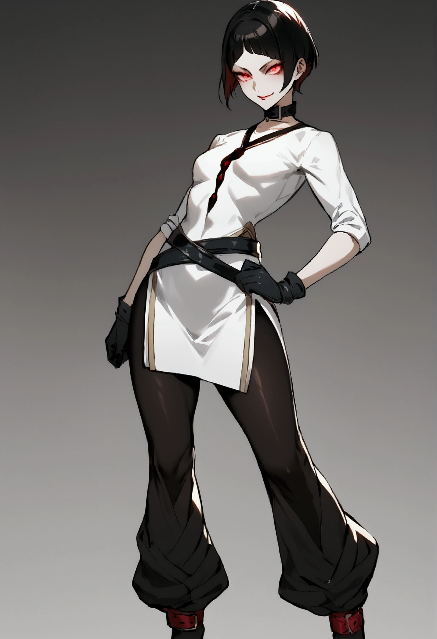 The eyes,fully body,standing,alone,short hair,work of art,face detailed,young fitness linda,Wearing black pantyhose,tight white sweater with collar ,neckleace,evil smile,red eyes glowing,labiaa,eye shadow,bangs on the eyes,black gloves,usando The eyes
